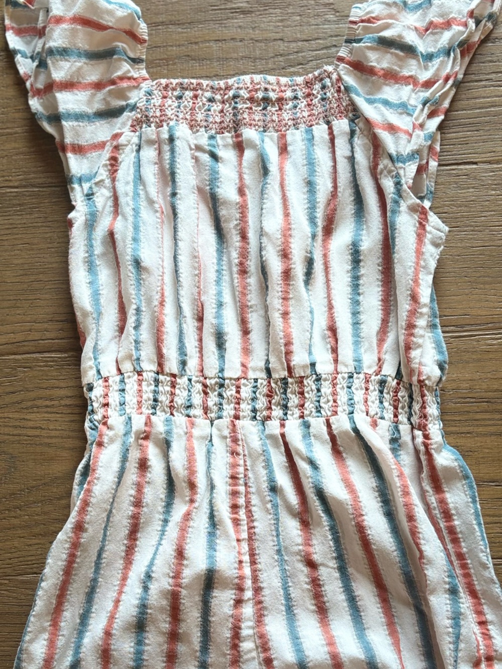 Smocked Striped Kids One-Piece in White with Blue & Coral Stripes